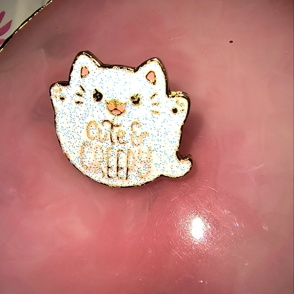 Cute Cat Enamel Pin - White and Gold